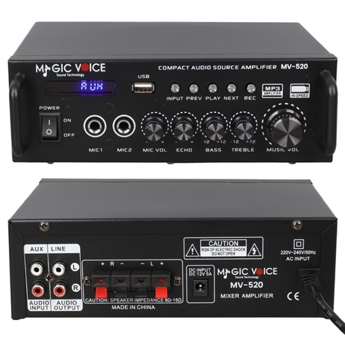 MAGİC VOİCE MV-520 30W USB/SD/UK BLUETOOTH EKO-2 MİK.TDA 7377 Lİ *2 GİRİŞ UK'LI 220/12V TRAFOSUZ ANFİ