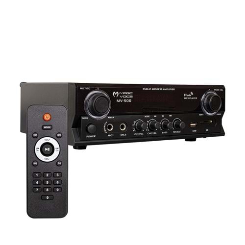 MAGİC VOİCE MV-500 100 WATT USB/SD GİRİŞLİ KUMANDALI BLUETOOTH 2 BÖLGELİ HAT TRAFOLU ANFİ 260X210X80MM