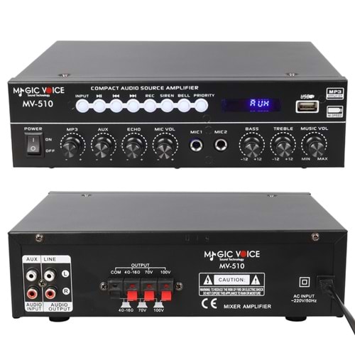 MAGİC VOİCE MV-510 50 WATT USB/SD/BLUETOOTH 2 MİK.ECO LU+2SD 2061*2 Lİ UK'LI GİRİŞLİ HAT TRAFOLU ANFİ