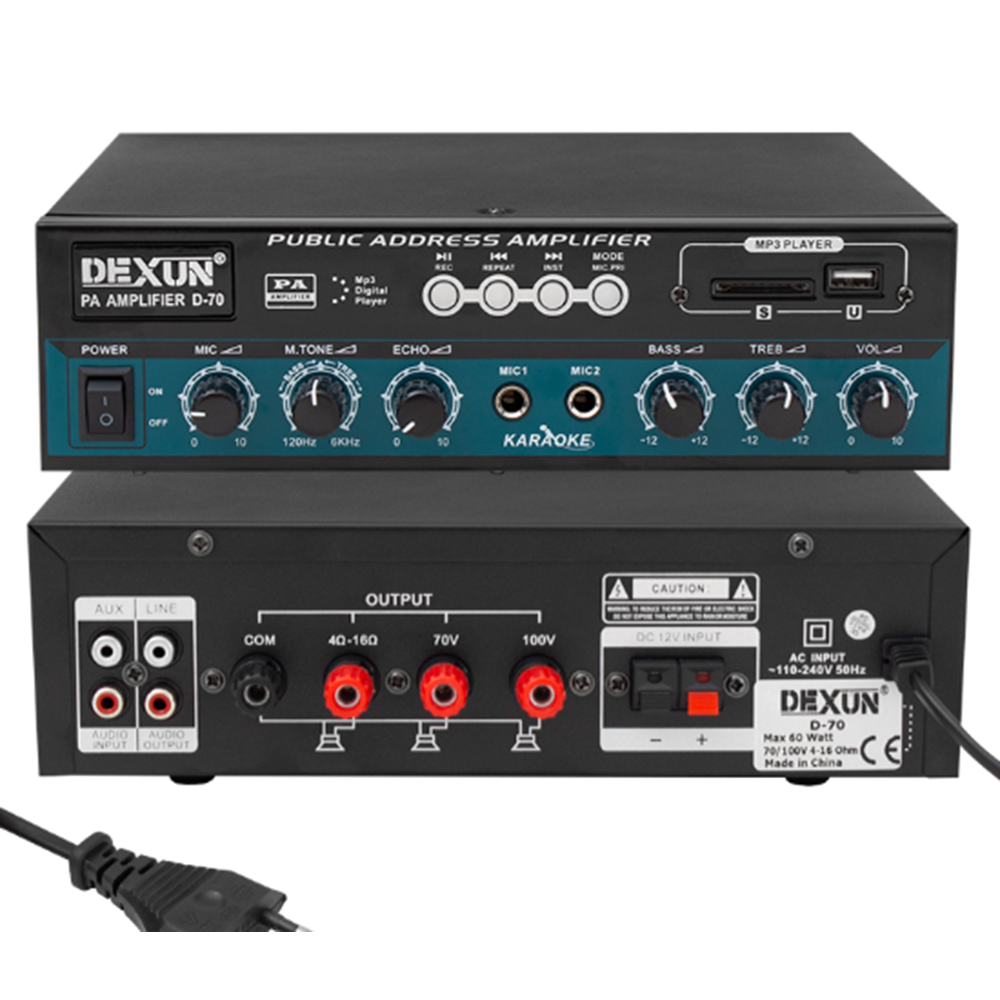 DEXUN D-70 50 WATT 100V-70V 4-16 OHM USB-SD-AUX-BLUETOOTH DESTEKLİ HAT TRAFOLU ANFİ
