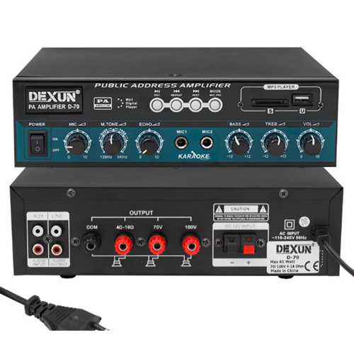 DEXUN D-70 50 WATT 100V-70V 4-16 OHM USB-SD-AUX-BLUETOOTH DESTEKLİ HAT TRAFOLU ANFİ